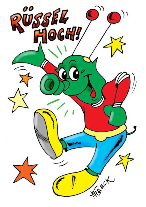 Ein grünes Cartoon-Alien mit Rüssel ruft „Rüssel hoch!“.