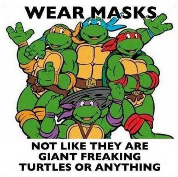 Die Teenage Mutant Ninja Turtles werben für das Tragen von Masken.