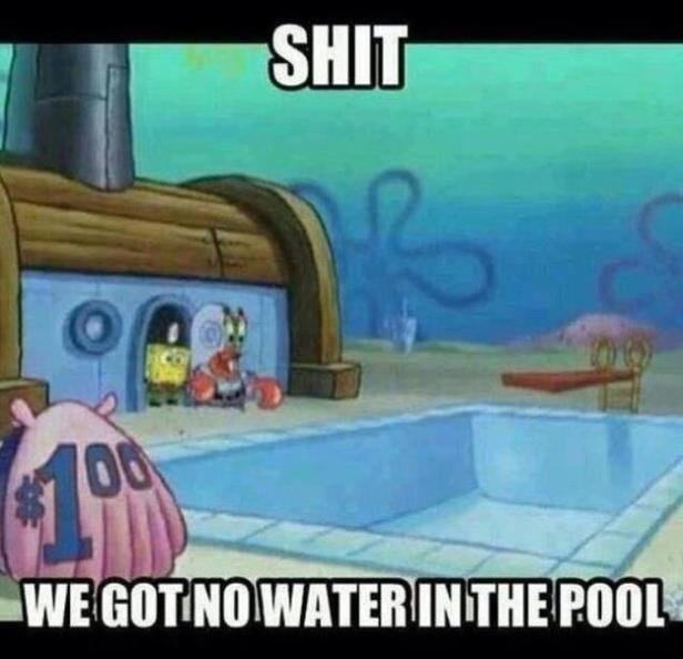 Spongebob, Mr. Krabs und Thaddäus stehen vor einem leeren Pool in Bikini Bottom.