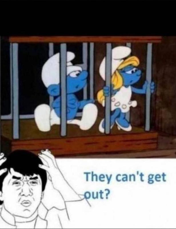 Zwei Schlümpfe sitzen in einem Käfig, während eine besorgte Person zusieht.