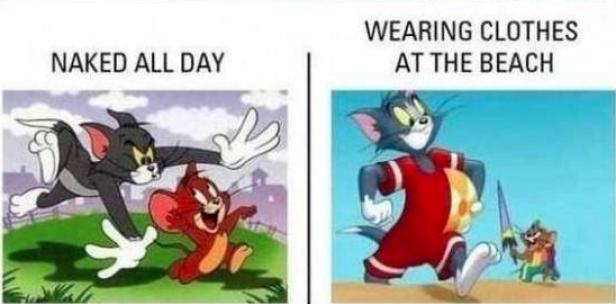 Zwei Darstellungen von Tom und Jerry: einmal nackt und einmal am Strand mit Kleidung.