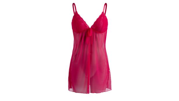 Ein rosafarbenes Negligé mit Spitze und Schleife vor einem weißen Hintergrund.