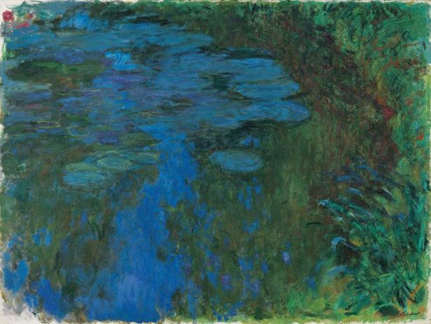 Ein Gemälde von Claude Monet, das Seerosen und Reflexionen im Wasser zeigt.