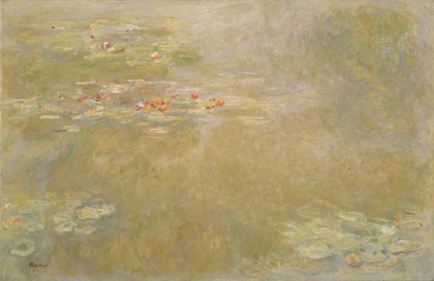 Ein Gemälde von Claude Monet, das Seerosen auf einem Teich zeigt.