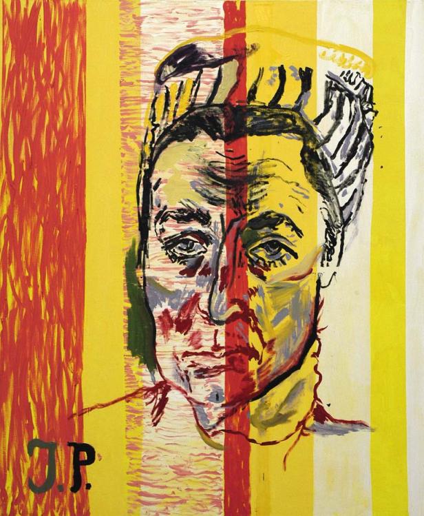 Ein expressionistisches Porträt einer Person mit einem gestreiften Hintergrund in Gelb und Rot.