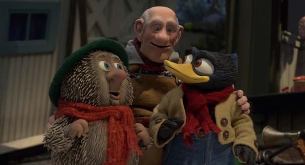 Ein animierter Igel, eine Ente und ein älterer Mann stehen zusammen.