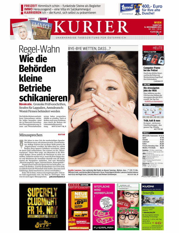 Titelseite des Kurier vom 8. November 2014 mit Jennifer Lawrence und Artikeln zu Wirtschaft und Kultur.