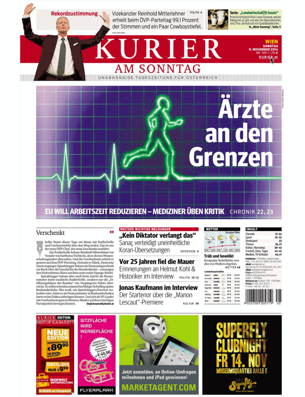 Titelseite des Kurier am Sonntag vom 9. November 2014.