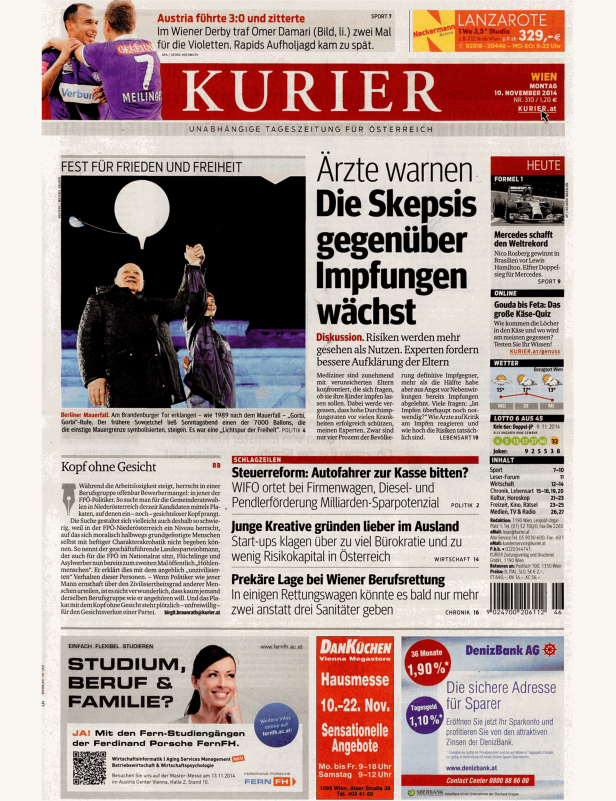 Titelseite des „Kurier“ vom 10. November 2014 mit Artikeln zu Politik, Sport und Wirtschaft.