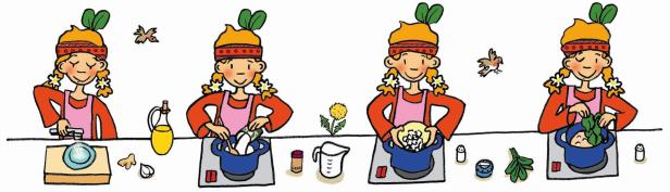 Eine Illustration, die ein Mädchen beim Kochen in vier Schritten zeigt.