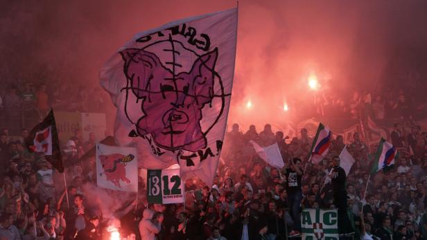 Fußballfans zünden Bengalos und schwenken Fahnen mit einem Schwein als Logo.
