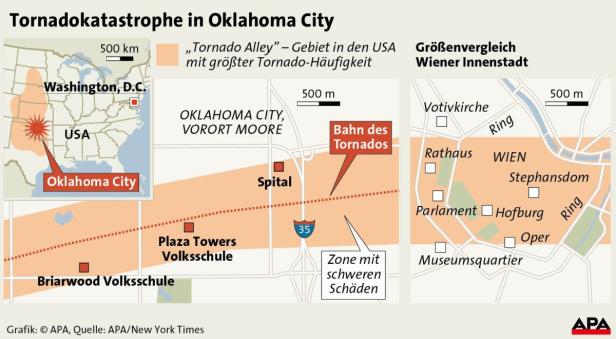 Eine Infografik vergleicht die Tornadokatastrophe in Oklahoma City mit der Wiener Innenstadt.