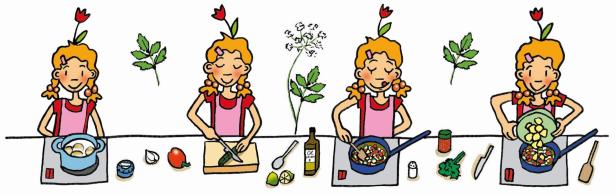 Eine stilisierte Illustration, die ein Mädchen beim Kochen verschiedener Zutaten zeigt.