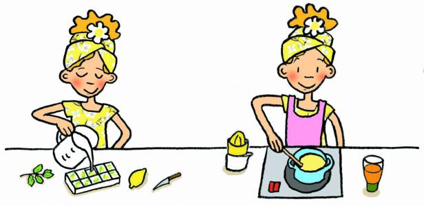 Eine gezeichnete Frau bereitet Limonade und kocht sie anschließend ein.
