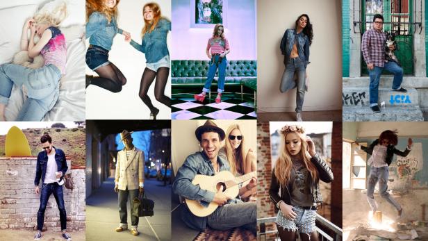 Eine Collage zeigt verschiedene Menschen, die Jeans tragen und posieren.