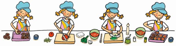 Eine Illustration, die ein Mädchen mit Kochmütze bei der Zubereitung von Bruschetta zeigt.