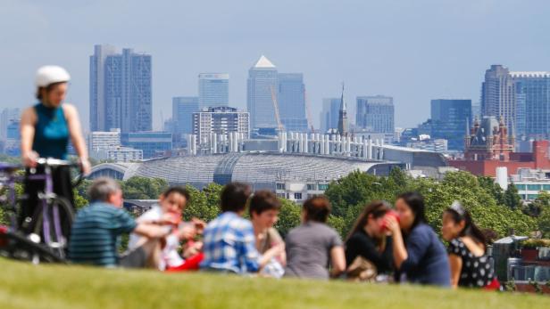 Eine Gruppe von Menschen sitzt auf einer Wiese mit der Skyline von London im Hintergrund.