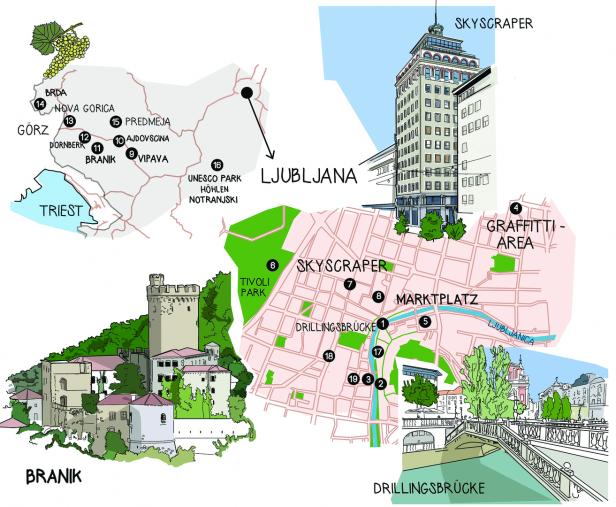 Eine illustrierte Karte von Ljubljana und Umgebung mit Sehenswürdigkeiten wie dem Tivoli-Park und der Burg Branik.