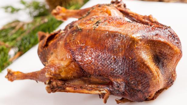 Ein gebratener Vogel, möglicherweise eine Gans oder Ente, liegt auf einer weißen Platte.