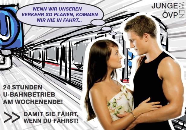 Ein Paar umarmt sich vor dem Hintergrund einer skizzenhaften U-Bahn-Darstellung.