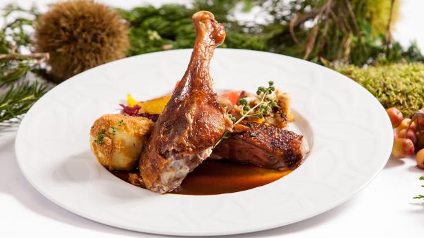 Ein Teller mit Entenkeule, Kartoffelknödel und Beilagen vor weihnachtlicher Dekoration.