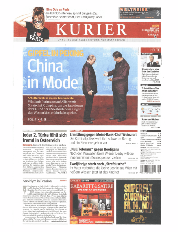 Titelseite des Kurier vom 11. November 2014 mit Schlagzeilen zu Politik und Kultur.