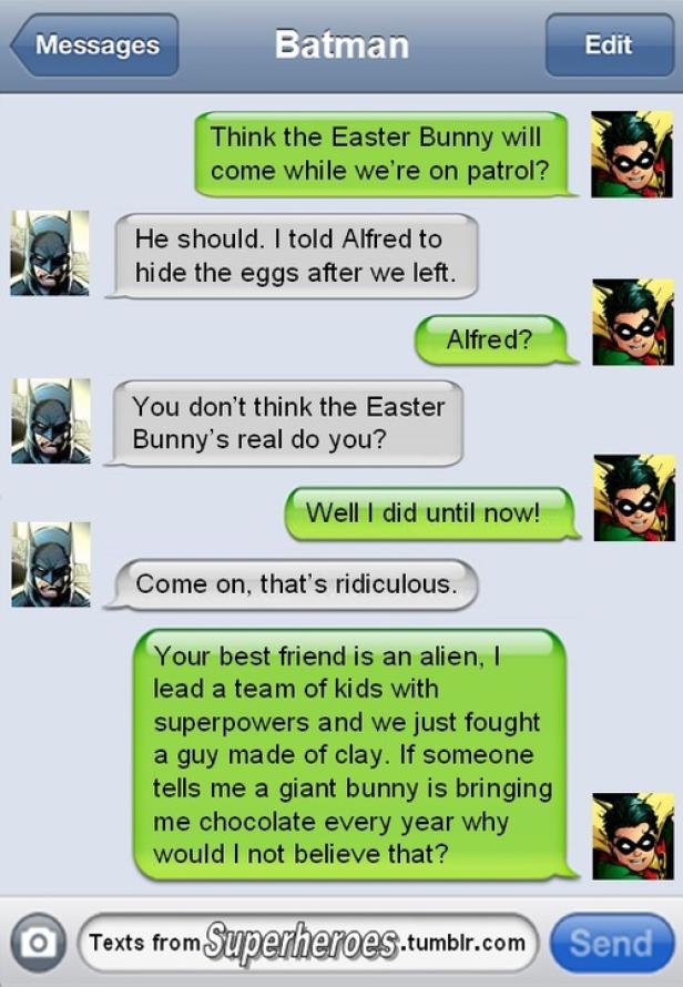 Ein Chat zwischen Batman und Robin über den Osterhasen.