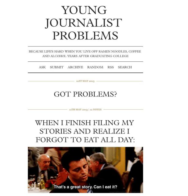 Ein Screenshot eines Blogbeitrags mit dem Titel „Young Journalist Problems“ und einem GIF von Joey aus „Friends“.