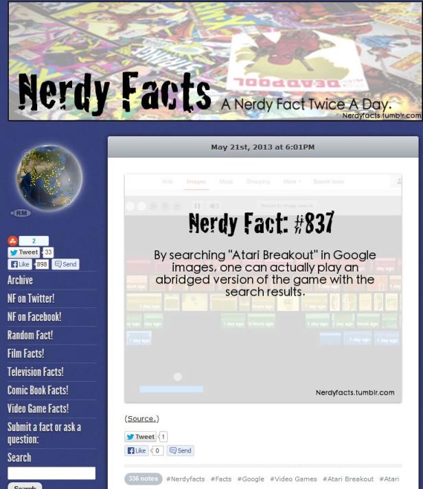 Ein Screenshot eines „Nerdy Facts“-Posts, der besagt, dass man „Atari Breakout“ in der Google-Bildersuche spielen kann.