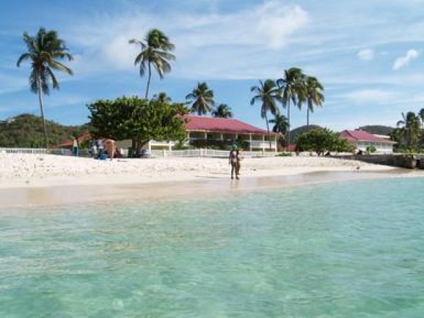 Ein tropischer Strand mit Palmen und einem Gebäude mit rotem Dach im Hintergrund.