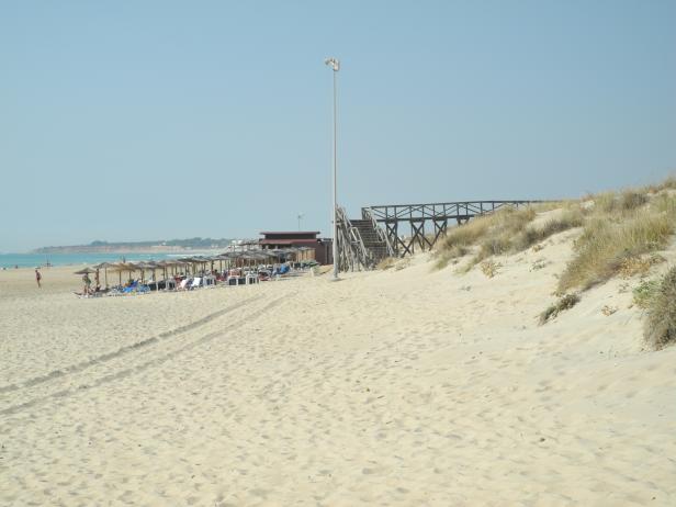 Ein Strand mit Liegestühlen, Sonnenschirmen und einem hölzernen Steg.