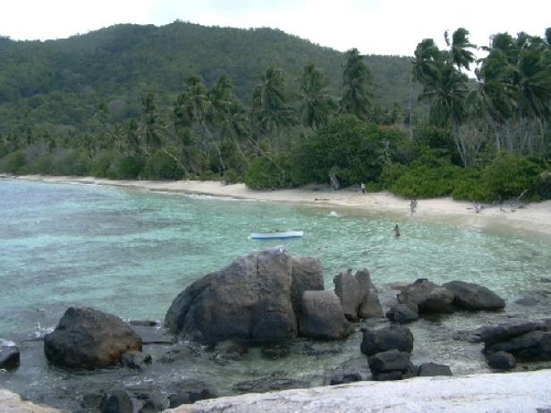 Ein tropischer Strand mit Palmen, Felsen und klarem, türkisfarbenem Wasser.