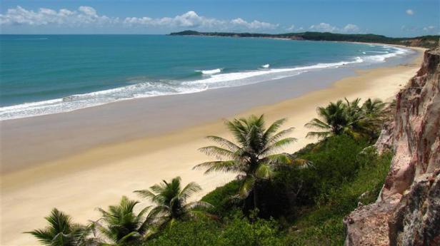 Ein Sandstrand mit Palmen grenzt an eine Küstenlinie mit Klippen.