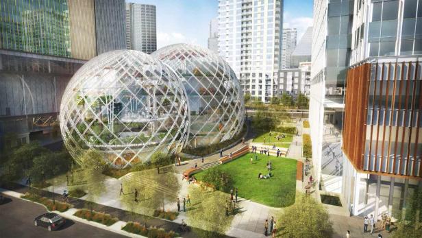 Zwei große, geodätische Kuppeln, die „The Spheres“ in Seattle, beherbergen üppige Pflanzen.