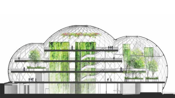 Ein Querschnitt eines Gebäudes mit Glaskuppel und viel Grünpflanzen im Inneren.