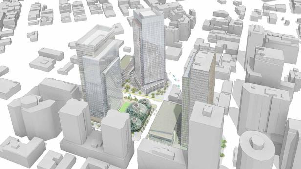 Eine schematische Darstellung von Wolkenkratzern und den Amazon Spheres in einer Stadt.