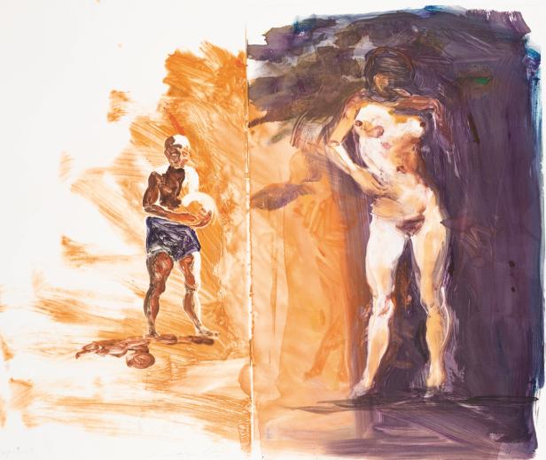 Ein Gemälde mit zwei Figuren, eine mit einem Ball und eine nackt, in kontrastierenden Farbtönen.