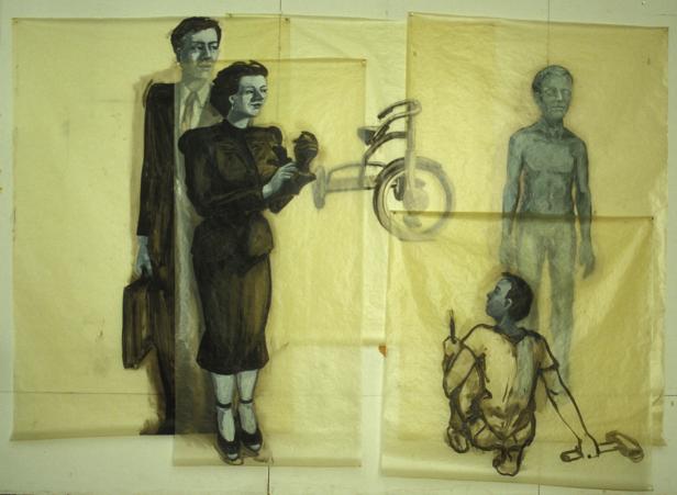 Eine gemalte Szene zeigt eine Familie und ein Kind mit einem Dreirad.