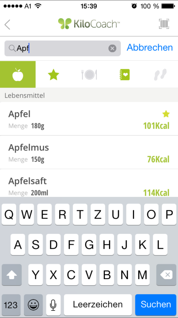 Ein Screenshot der KiloCoach-App, die Suchergebnisse für „Apfel“ anzeigt.