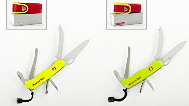 Ein gelbes Victorinox „Rescue Tool“ mit geöffneten Werkzeugen und roter Tasche in einer Schachtel.