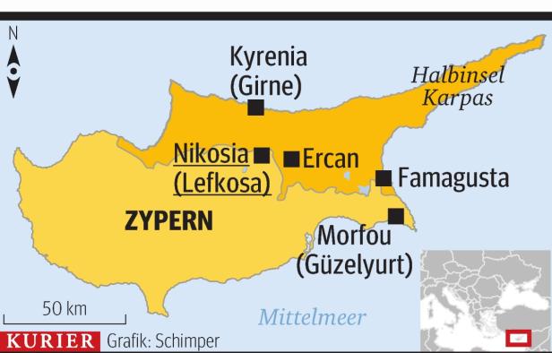 Eine Karte von Zypern mit den Städten Nikosia, Kyrenia, Famagusta und Morfou.