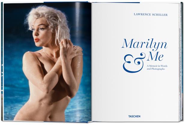 Das geöffnete Buch „Marilyn & Me“ von Lawrence Schiller zeigt ein Foto von Marilyn Monroe.