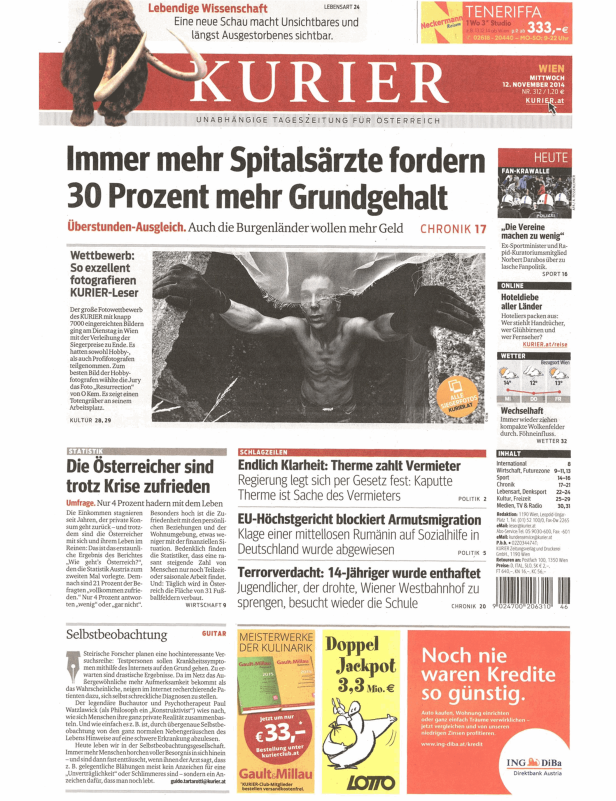 Titelseite des Kurier vom 12. November 2014.