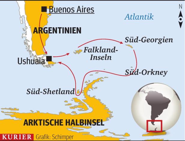 Eine Karte, die die Lage von Argentinien, den Falklandinseln, Südgeorgien und der Antarktis zeigt.