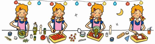 Eine Illustration, die ein Mädchen bei der Zubereitung einer Mahlzeit zeigt, möglicherweise Pizza oder ein ähnliches Gericht.