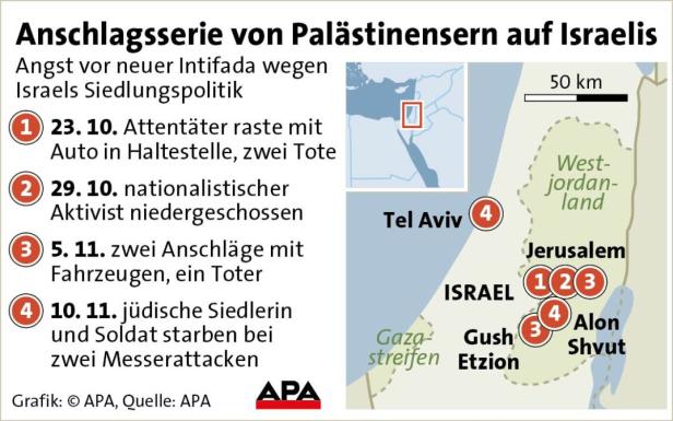 Eine Karte von Israel und den umliegenden Gebieten, die eine Reihe von Anschlägen zeigt.