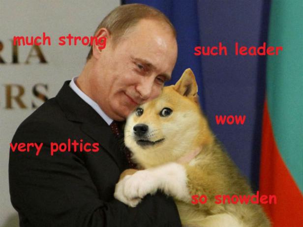 Ein Meme, das Wladimir Putin zeigt, wie er einen Shiba Inu-Hund umarmt, mit Text im Doge-Stil.