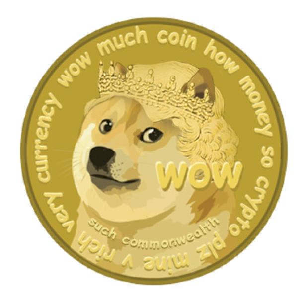 Ein Shiba Inu mit Krone auf einer goldenen Dogecoin-Münze mit dem Aufdruck „WOW“.
