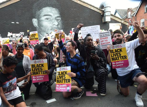 Stand Up to Racism Demonstration at the Marcus Rashford mural after it was defaced following the Euro 2020 Final between Italy and England