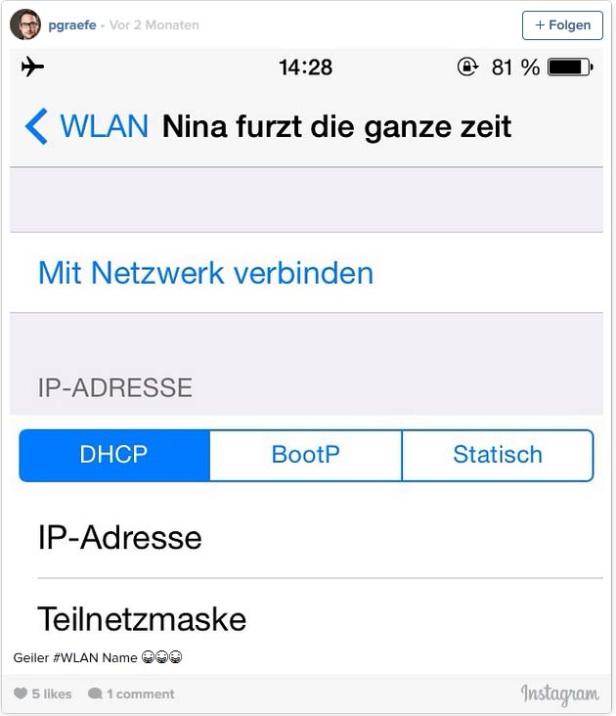 Ein Screenshot der WLAN-Einstellungen eines iPhones mit dem Netzwerknamen „Nina furzt die ganze zeit“.